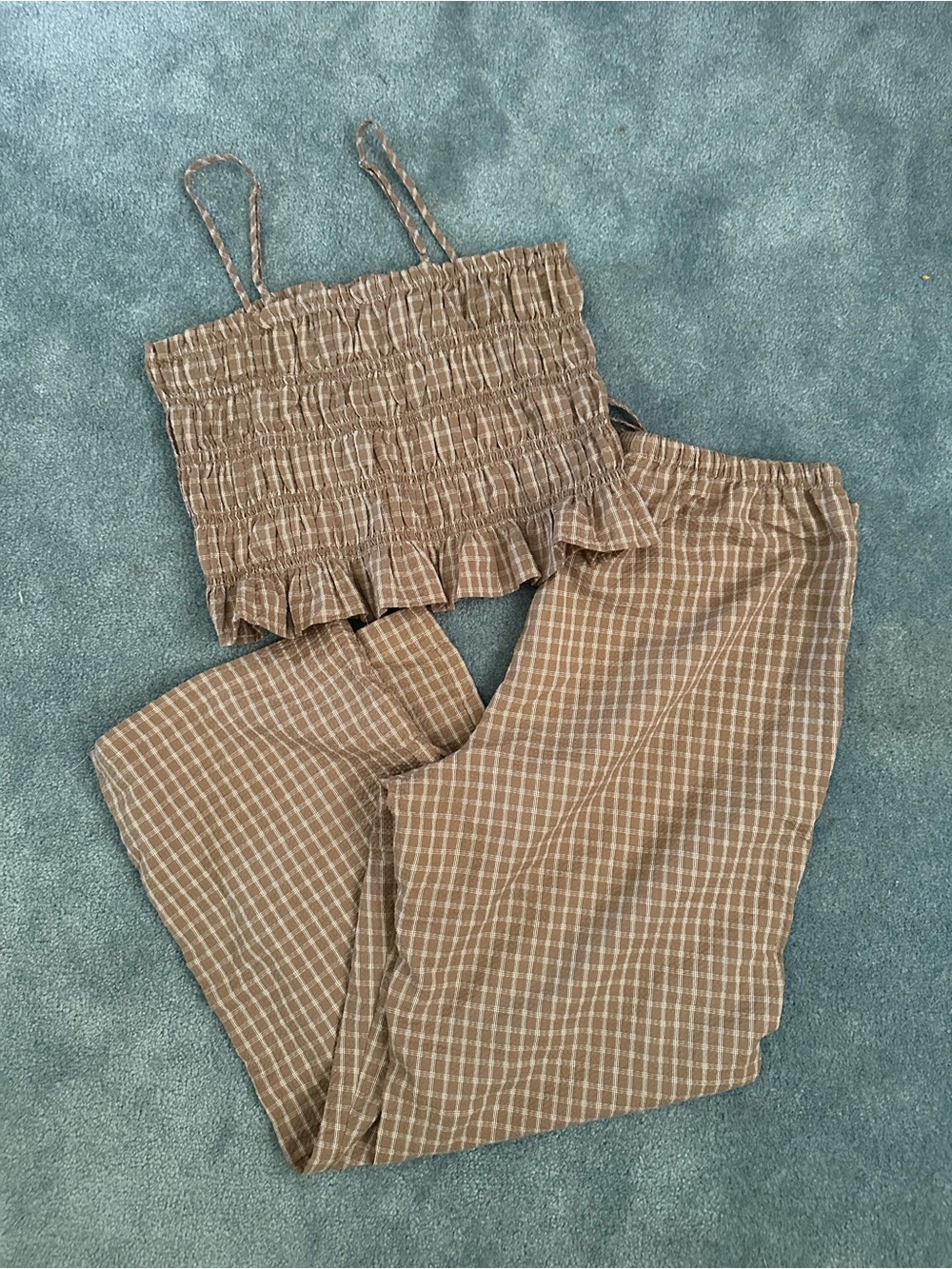 No Boundaries Brown Plaid Ruched Cami & Wide Leg Pant Set
